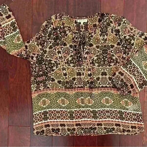 Democracy Women’s Boho Tie Front Tunic Top 3/4 Sleeve Sheer Shirt Blouse Size L